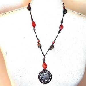 Vintage Orange & Brass Colored Beaded Necklace, 24" waxed cord necklace - tribal